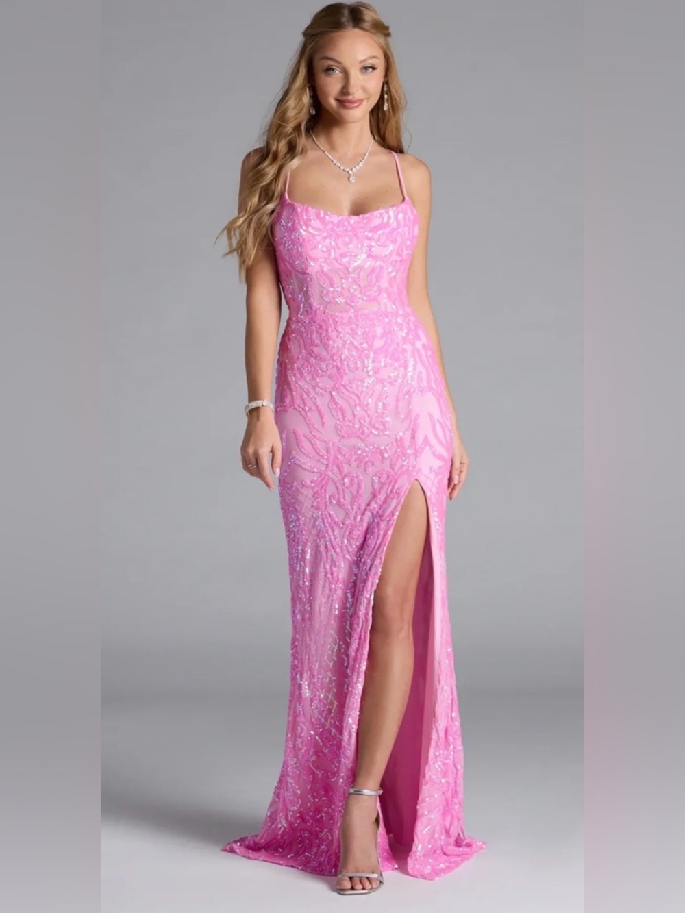 Windsor Pink Sequin Spaghetti-Strap Prom Gown with Thigh Slit